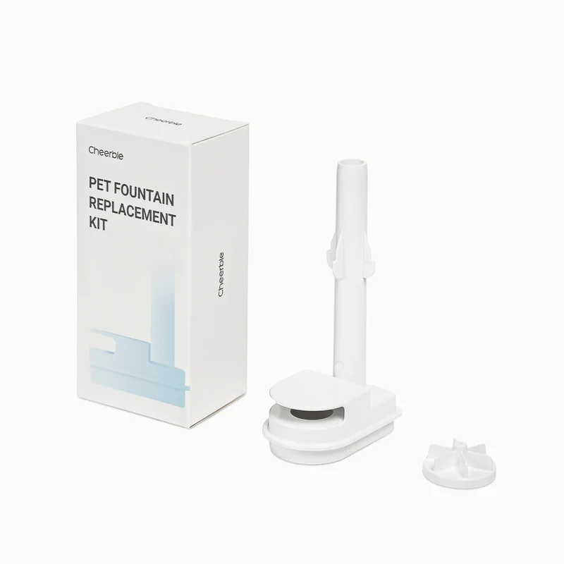 Pet Fountain Replacement Kit with its white retail box, water conduit, impeller housing and impeller