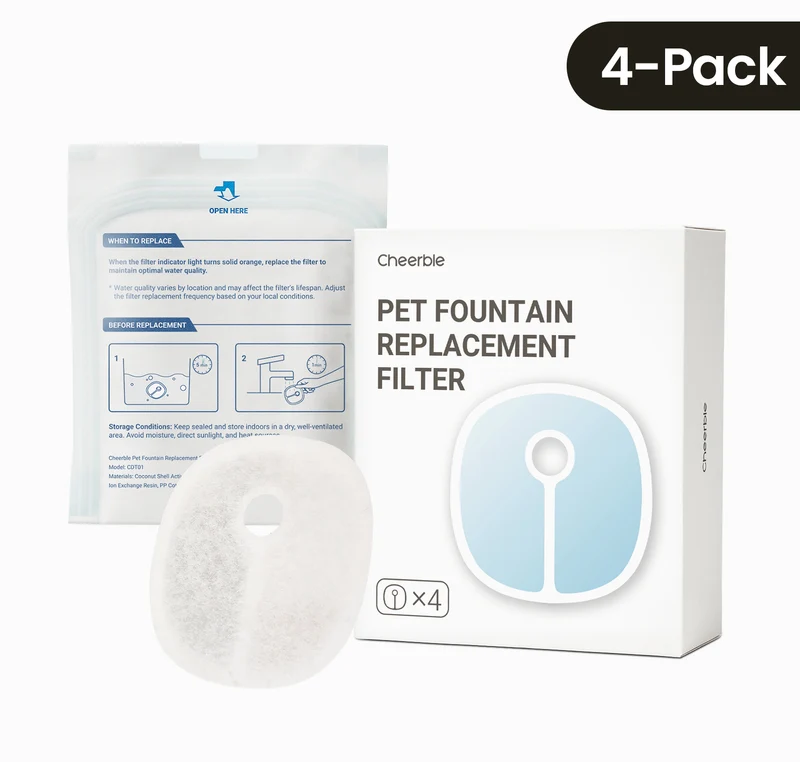 Pet Fountain Replacement Filters 4-pack retail box with a filter shown in front